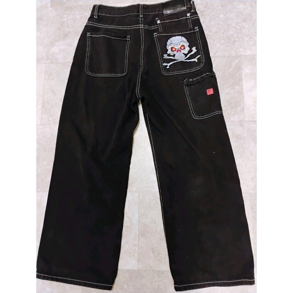 Vtg JNCO Big Pocket SKULL BLK Jeans 90s Y2K Baggy Wide Leg Skater LARGE 30W